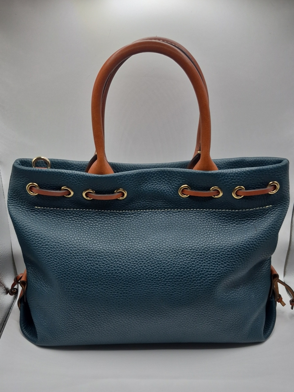Dooney & Bourke Deep TEAL Pebble Leather Drawstring Satchel PURSE with Tan Trim - Picture 2 of 11